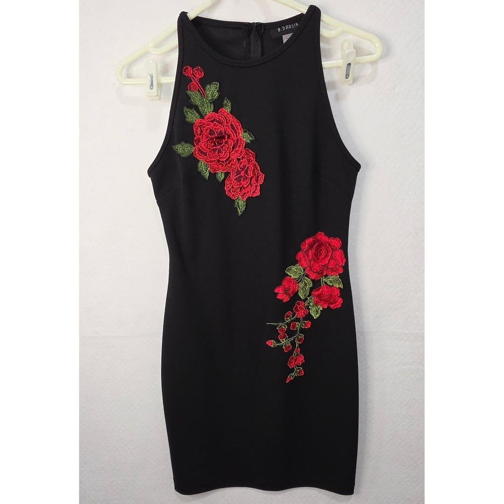 Black Y2K Bodycon Dress Red Rose Floral Dark Romantic Embroidered Mini Size 9/10